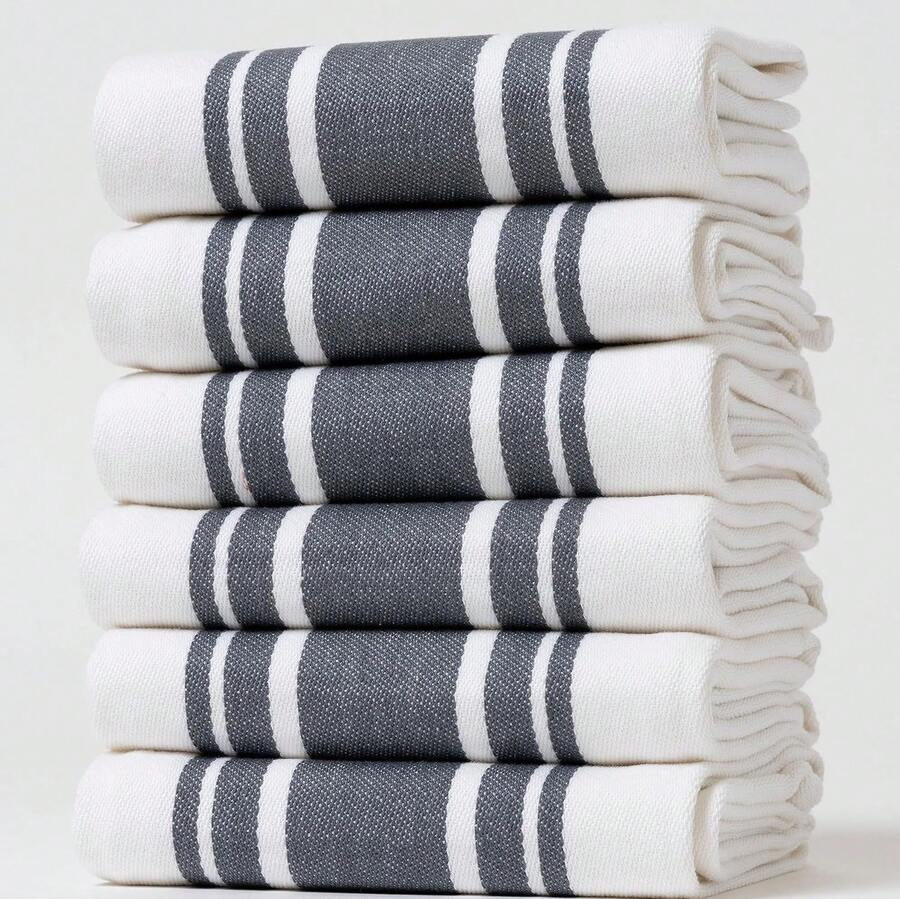 Kitchen Towels Set – Pack Of 6 (20'' X 30'') Extra Large Premium Cotton Dish Towels For Kitchen – Super Striped Towels – Absorbent – 100% Cotton – With Hanging Loop – Dark Grey,25866206 - Màu xám đen - Xem 1