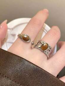 2pcs Fashionable Personalized Retro Mori Design Natural Stone Adjustable Open Ring Suitable For Women's Daily Wear And Party, Photography Accessory, Birthday Gift For Bestie