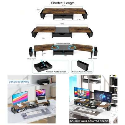 Dual Monitor Stand Riser, Desk Organizer With Drawer And 2 Pen Holders, Monitor Stand Desk, Office Decor Essentials White