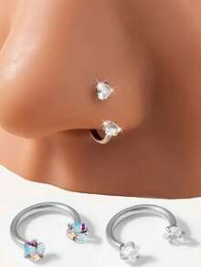 2件套C形锆石镶嵌唇环、马蹄形环、鼻中隔环、耳环，16G不锈钢穿刺饰品，适合日常佩戴 - 2件C型鼻環 - 查看 14