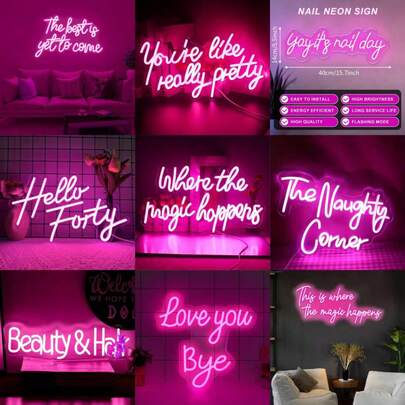 1pc USB Powered Acrylic Multi-Style Neon LED Sign (With Data Cable) | Neon Pink Illumination, Wall Mountable | Handwritten Font, High Brightness + Flashing Mode | Salon/Bedroom/Party Decor | Birthday/Nail Salon/Event Prop | Easy Installation, | Gift For Enthusiasts