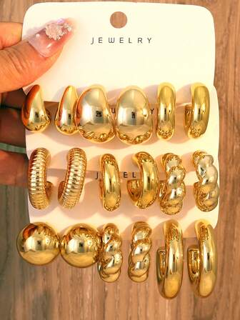 6-18pcs Oversized Textured C-Shaped Hoop Earrings Set, Teardrop & Sphere Charm, Exaggerated Hip-Hop Accessories, Women Daily Jewelry
