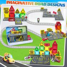 磁性积木路扩展套装，适合 3-5 岁 4-8 岁 5-7 岁儿童的 STEM 磁性积木，适合幼儿生日的学龄前学习感官儿童玩具 - 彩色 - 查看 9