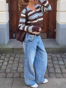 1 Stück Damen Gestreifter Langarm Cardigan, figurbetont & vielseitig Strickpullover, Herbst/Winter