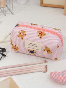 1个粉色条纹泰迪熊化妆包，万圣节不给糖就捣蛋，时尚休闲大容量拉链化妆包，文具收纳袋，旅行必备，女士礼物 - 粉色 - 查看 15