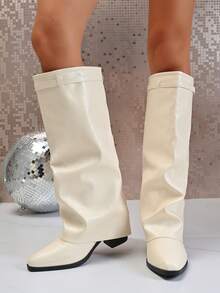 Women's Fashion Chunky Heel Knee-High Boots, Pointed Toe Buckle Straight Tube Leather Boots, Autumn/Winter New Versatile Design White Knee-High Slip On Long Boots - White - View 4