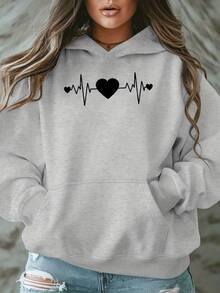 Sudadera con capucha de manga larga para mujer, moda e informal, con letras y estampado de patrones, top de manga larga con capucha para otoño e invierno - Gris Claro - Ver 2