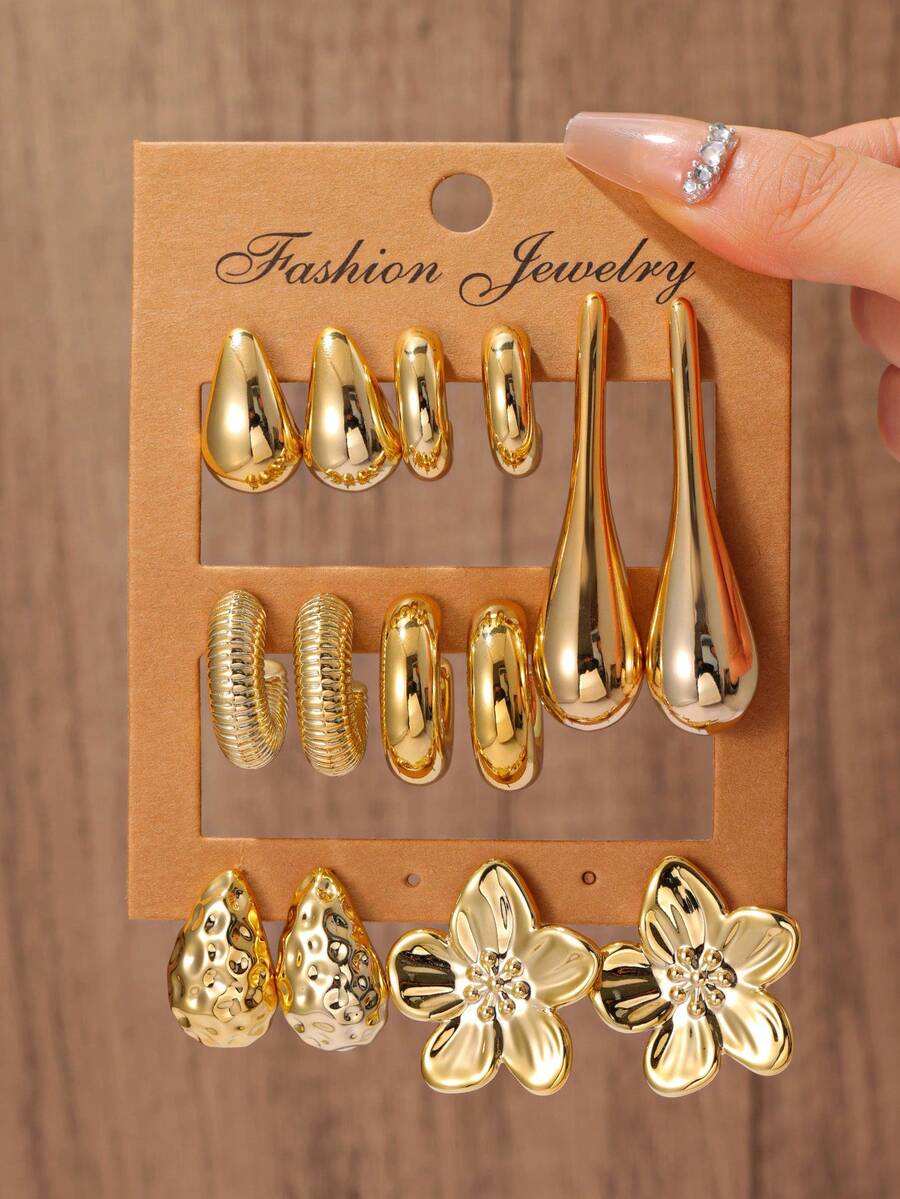 6-14pcs Fashionable Lightweight CCB Earrings Set, Including Teardrop, C-Shape, Flower Designs In Gold Tone, Suitable For Women's Date And Holiday Wear, Elegant Holiday Gift
