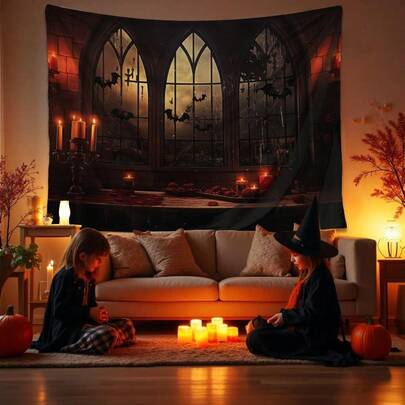 ZYDS QGHOT Halloween Tapestry Wall Hanging Horror Castle Window Tapestry Gothic Spooky Backdrop Vampire Medieval Tapestries For Bedroom Living Room Dorm Wall Art Decor 78.7"X59.1"