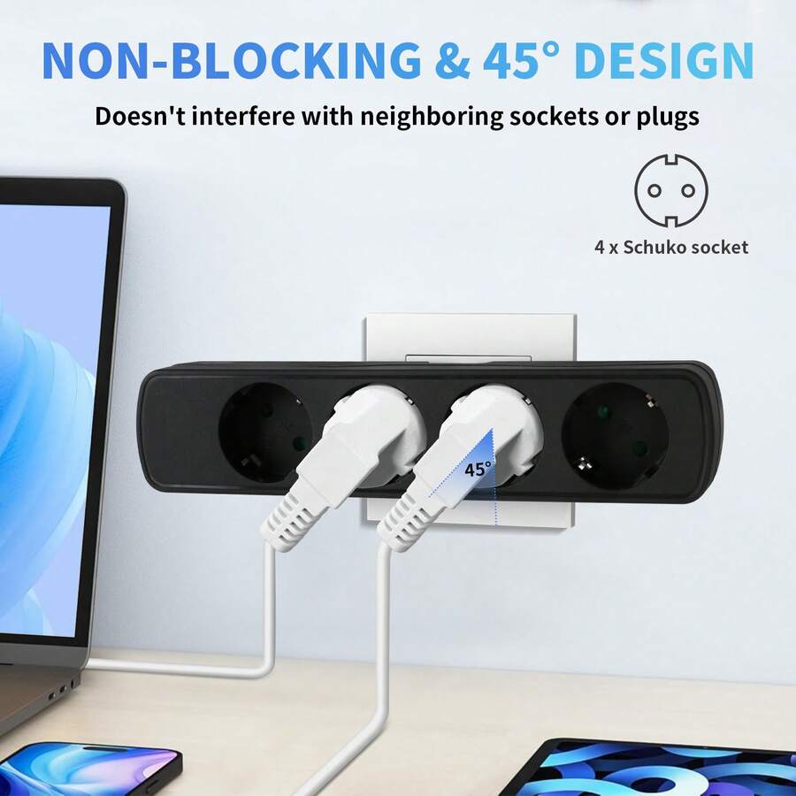 CILIA 4-Outlet Schuko Power Strip Child Protection, Universal German Standard Adapter, White,Black