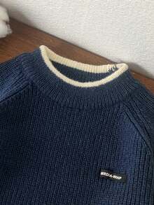 1 件儿童秋季新款圆领厚针织套头衫，男童年轻刺绣标志灰色休闲针织上衣