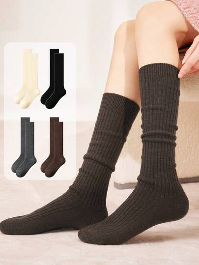 1 Paar Damen Dicke gerippte Oberschenkel-Hohe Socken, Warm & Schlankheitsfördernd, Elfenbeinweiß, Herbst/Winter