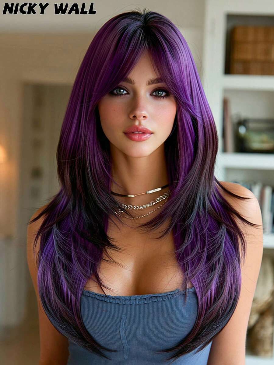 Gorgeous-24 Inch Layered Violet Purple Wigs For Women,Long Straight Wigs With Curtain Bangs, High Density Fluffy Synthetic Heat Resistant Fiber Hair Wig For Anime Cosplay Wear, Music Festival Party Use - 紫羅蘭色 - 查看 1