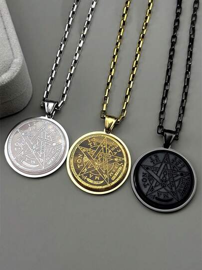 神秘五芒星圆形不锈钢吊坠，搭配方形金属链（银色、金色、黑色可选），男女皆宜