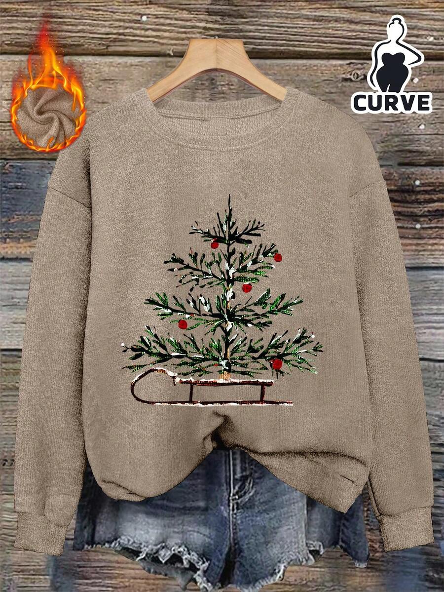 Weihnachten, Weihnachtsbaum, Weihnachtsmann Schlitten Muster Damen Große Größen Lässig Warm Fleece Sweatshirt (Herbst/Winter), Herbst Damenbekleidung, Warme Kleidung, Winterbekleidung, Jacke, Thanksgiving Geschenk, Partykleid