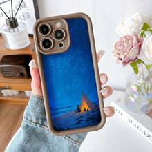 Cubierta de teléfono con borde negro azul estrellado con tienda de campaña iluminada en la playa para uso diario y viajes - Blanco - Ver 5