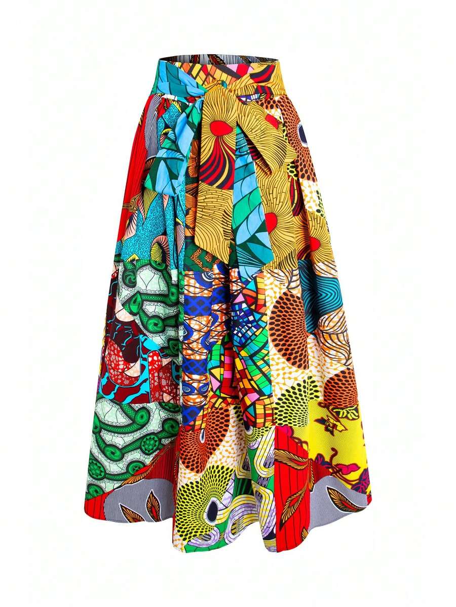 African Wax Print Random Floral Contrast Color Blocking Maxi Skirt For Wear Random Mix Color Summer Vacation - Multicolor - View 1