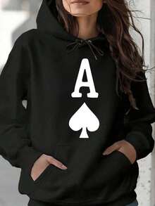 Womens Plus Size Graphic Hoodies Sweatshirts Black White Options, Ace Of Spades Symbol Print Fall Fashion Oversized Long Sleeve Pocket Pullover Sweaters Winter Clothes,Suitable For Parties, Outdoor Activities, And Leisure, Gift For Women - màu đen - Xem 1
