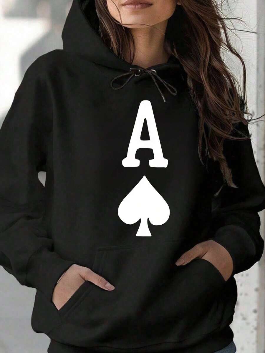 Womens Plus Size Graphic Hoodies Sweatshirts Black White Options, Ace Of Spades Symbol Print Fall Fashion Oversized Long Sleeve Pocket Pullover Sweaters Winter Clothes,Suitable For Parties, Outdoor Activities, And Leisure, Gift For Women - màu đen - Xem 1