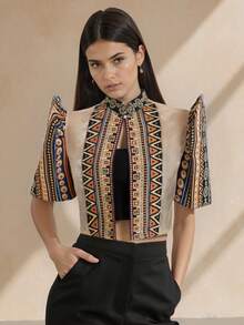 一件现代菲律宾风格女式衬衫，半透明拼接立领设计，优雅泡泡袖上衣，纽扣衬衫，春夏款，蝴蝶袖菲律宾风格，女士菲律宾短款上衣，金色上衣 - 金色 - 查看 4