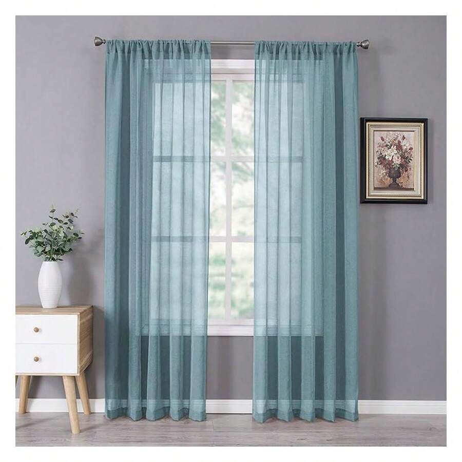 Sheer Curtain Linen Textured Bedroom Curtains Sheer Light Filtering Rod Pocket Voile Curtain For Living Room, 54 X 95 Inches Long, Dusty Blue,Of 2 Panels - Multicolor 989 - View 1