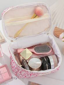 1个花卉印花多功能化妆包，万圣节不给糖就捣蛋主题，时尚休闲大容量拉链化妆包，旅行文具收纳包，度假必备，化妆包，旅行必备 - 淺粉色 - 查看 10