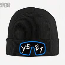 1 Piece YEET Logo Knitted Hat, Unisex - Black Winter Warm Hat With White And Blue YEET Text And Glasses Pattern, Soft Cold Weather Head Cover, Christmas And New Year Gift For Men And Women Casual Accessories (YEET Brand Design) - 黑色 - 查看 3