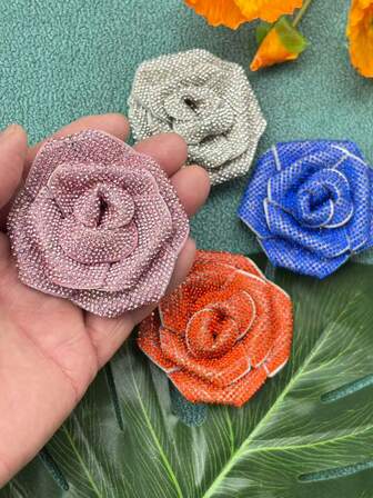 1件/套 3D水晶玫瑰花布贴 水钻鞋花 DIY服装鞋子包包帽子装饰胸针配件