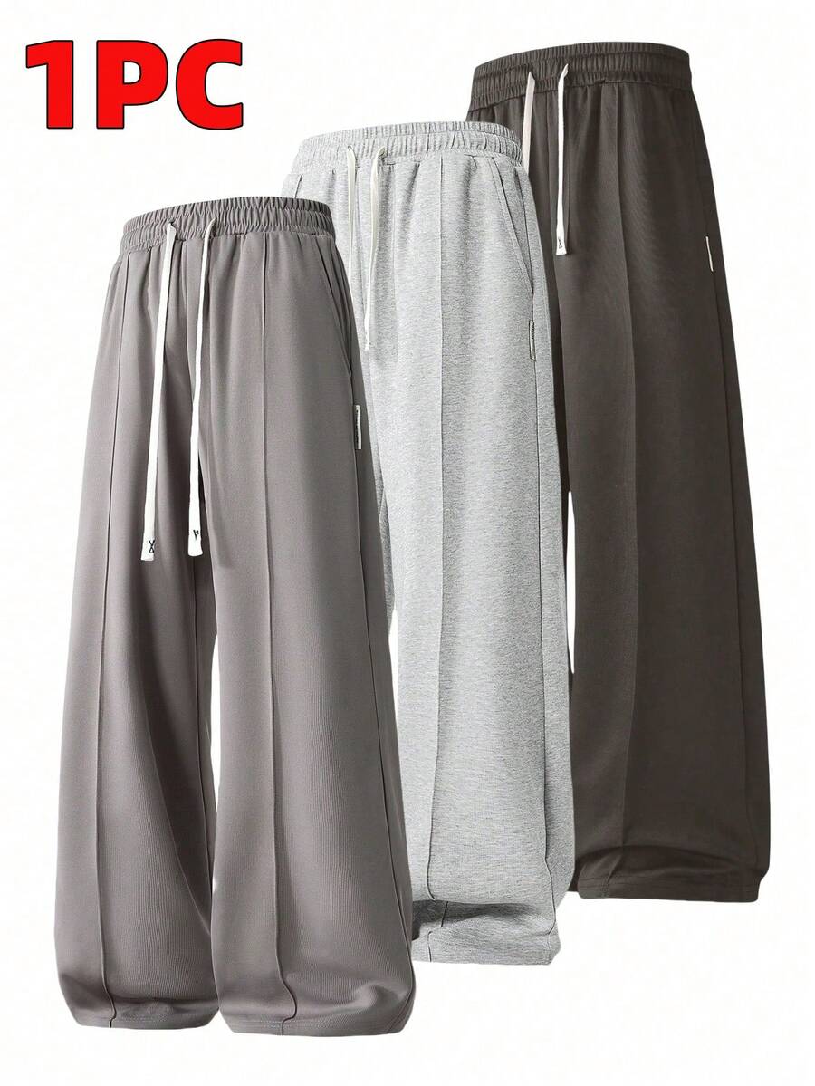 1pc Men's Drawstring Waist Wide Leg Loose Casual Sports Pants, Spring/Summer - Dark Grey - View 1