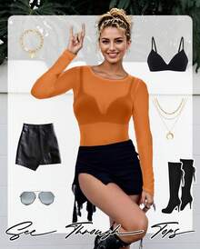 Women's Mesh Tops Sheer Long Sleeve Tee Shirts Bodycon See Through Blouse Clubwear - Màu xanh hải quân - Xem 9