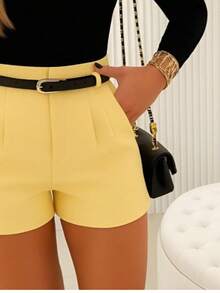 Women's Tailored Shorts With Belt And Side Zipper - Yellow - View 2