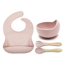 4pcs Silicone Feeding Utensil Set, Includes Silicone Bib, Bowl, 1 Pair Fork & Spoon, Customizable With Name & Pattern - Multicolor - View 13