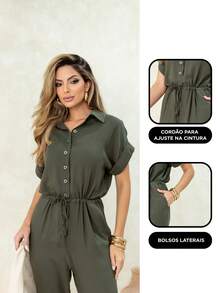 Women's Long Jumpsuit With Adjustable Band And Pocket 100% Viscose Elegant And Sophisticated For All Occasions S To GG - xanh quân đội - Xem 4