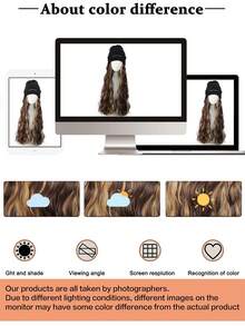 时尚百搭的女士长卷波浪耐热合成假发，蓬松针织帽假发套装，适合日常佩戴 - 彩色 - 查看 7