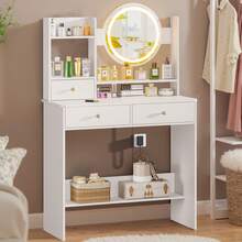 Vanity Desk With LED Lighted Mirror, Makeup Vanity Desk With 3 Drawers & Storage Shelves, 3 Color Modes, Dressing Table For Bedroom - 白色 - 查看 6