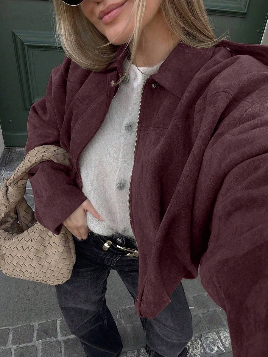 Urban Casual Solid Color Front Zipper Pocket Jacket, Relaxed Long Sleeve Bomber Jacket, Suitable For Spring And Autumn - Burgundy - View 1