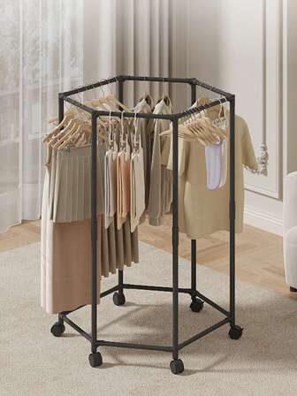 Perchero Circular Metálico Negro con 6 Ruedas con Freno - Ahorra Espacio, Colga Ropa por Categorías (Faldas/Pantalones/Calcetines) - Base 74.5x35cm, Alto 120cm, Rotación 360° para Facilidad de Uso - Ideal para Dormitorios/Lavandería