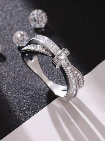 1個 エレガントなキラキラクリスクロスデザイン キュービックジルコニア インレイリング、男女兼用、高品質ジュエリー、特別な人への完璧なギフト