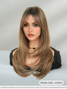 NICKY WALL Elegant-24 Inch Layered Flax Brown Wigs For Women,Long Straight Wigs With Curtain Bangs, High Density Fluffy Synthetic Heat Resistant Fiber Hair Wig For Daily Party Wear, Music Festival Party Use - 亞麻棕 - 查看 2