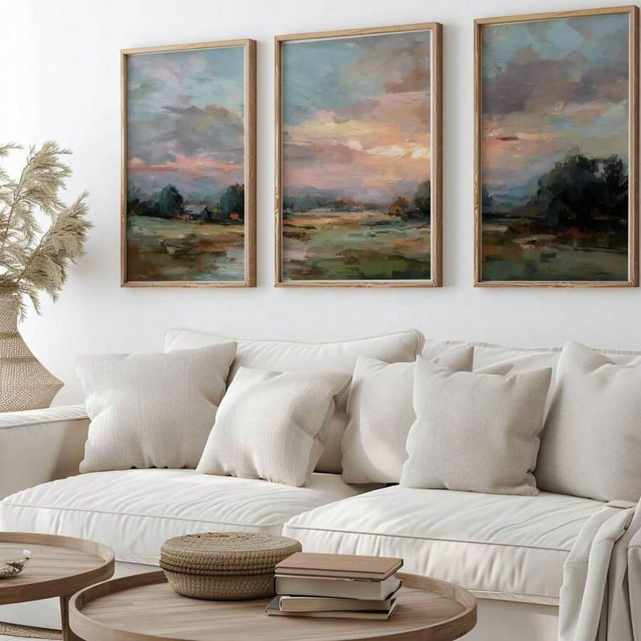 Bộ 3 bức tranh treo tường phong cảnh bình minh cổ điển Triptych phong cảnh nhẹ nhàng, tranh canvas, áp phích đồng quê mộc mạc, trang trí tường nhà nông thôn cho nhà thờ, phòng ngủ hoặc lối vào, quà tặng trang trí phòng cho cô ấy không có khung - Nhiều màu - Xem 1