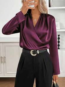 1 pieza Blusa de manga larga con cruce en satén de unicolor, adecuada para uso diario, citas, vacaciones, fiestas, viajes, primavera/otoño