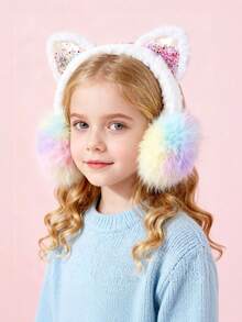 1pc Girls/Teens Colorful Plush Cat Ear Earmuffs, Sequin Decor, Cartoon Cute Ear Warmers, Suitable For Autumn/Winter