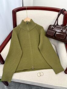 Áo khoác len dệt kim dáng rộng Wixra Hàn Quốc, cổ đứng, tay áo raglan, thiết kế khóa kéo hai chiều, màu trơn, kiểu dáng sinh viên, thiết yếu cho việc mặc nhiều lớp vào mùa thu/đông - màu xanh lá - Xem 15
