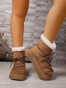 2025新款女士厚底雪地靴，时尚系带，保暖绒里，防滑，百搭冬季鞋，毛绒靴