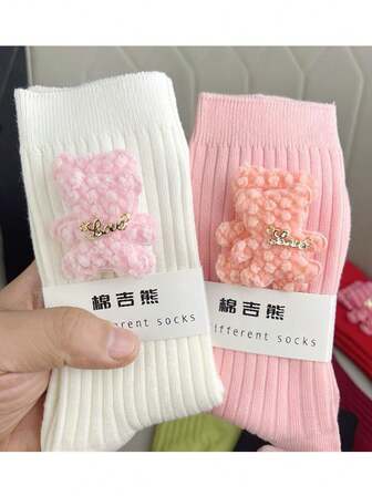 1 Pair Plush Bear Decorated Socks, Fashionable Korean Style, Personalized Design, Versatile Knee-High Socks