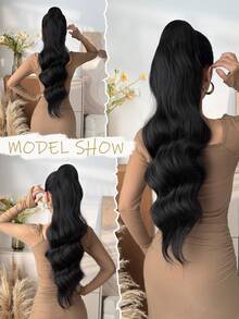 28 Inch Black Wavy Curly Ponytail Hair Extensions, Drawstring Clip-In, Heat Resistant Synthetic, Suitable For Daily Wear And Women's Party Occasions - Black - View 8