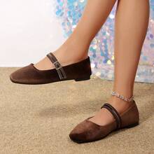 Pantofi Mary Jane cu vârful pătrat și talpă joasă, din piele întoarsă franceză, cu bareta, pentru femei, stil nou, potriviți cu rochii, balerini