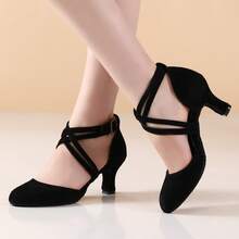 女士专业拉丁舞鞋，中跟标准舞鞋，系带，黑色，室内专业表演舞鞋，交谊舞/莎莎舞鞋 - 黑絨 - 查看 14