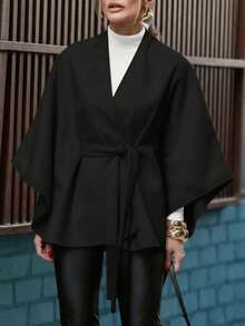 Women's Winter Solid Color Fabric Tie Waist Belt Bowknot Elegant Dating Formal Dinner Winter Shawl Winter Cape Winter Coat New Year Coat - Black - View 6