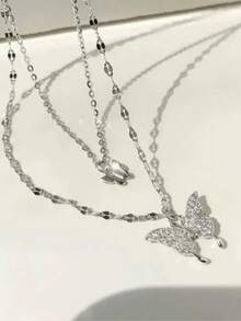 1pc Versatile Fashion Minimalist Butterfly Layered Pendant Necklace - Silver - View 4
